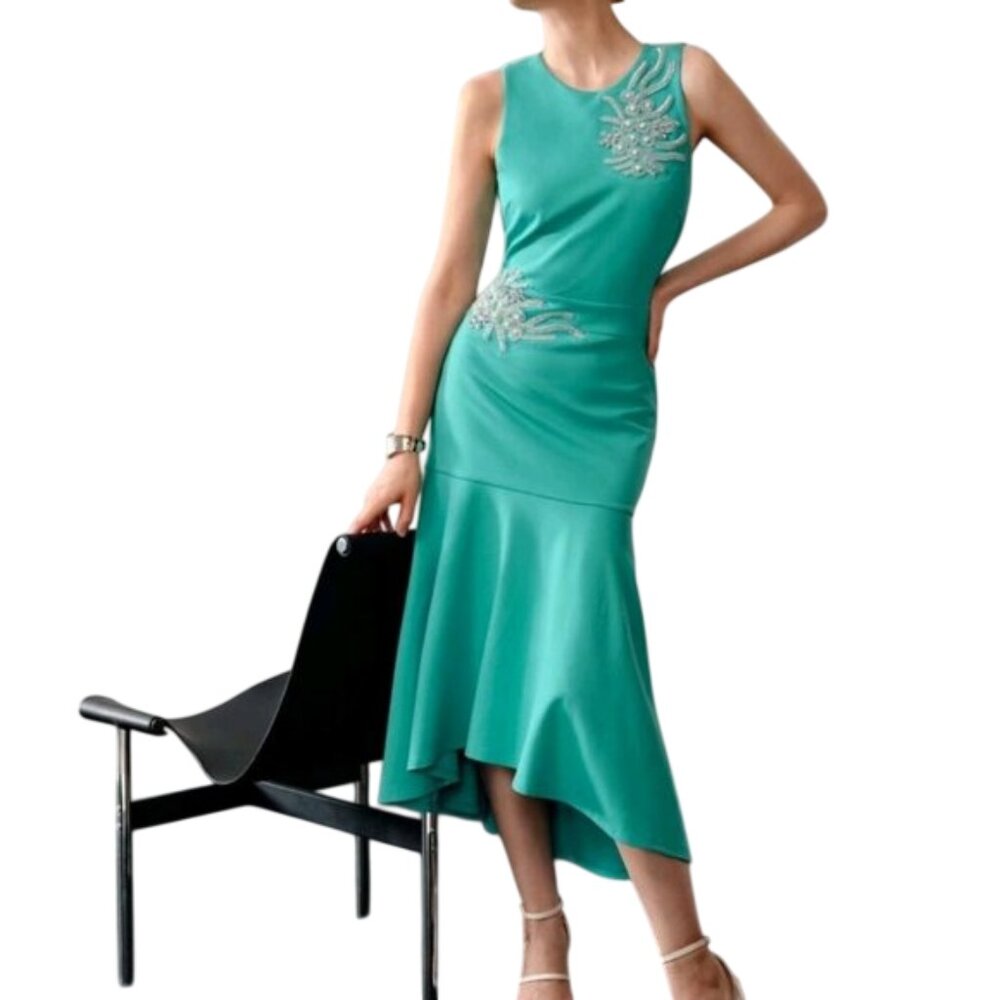 NWT MOTF sleeveless teal highlow dress with rhinestones pearl women size M (190)